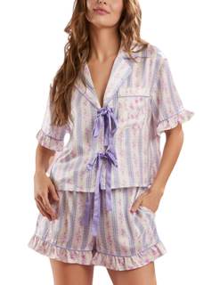 Womens Cute Bow Tie Front Pajamas Y2k Satin Floral Coquette Ruffle Pjs | Silk Puff Sleeve Short Lounge Pj Sets
