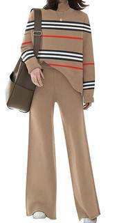 Womens Elegant Lounge Sets Knitted Sweater Set 2 Piece Outfits Loungewear | Comfy Casual Stripe Outfit, Loose 