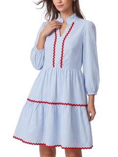 D-Sun Women 3/4 Long Sleeve Mini Dress Striped V-Neck Holiday Dress with Pockets Cotton Casual A-Line Tunic Su