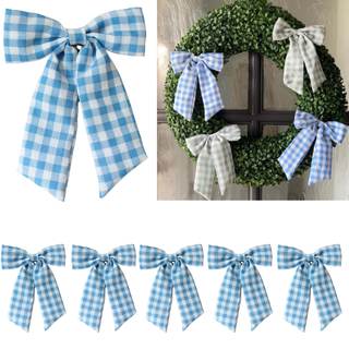 Gingham Bow Ornaments, Set of 6 -Fabric Decorative Bows for Christmas Tree, Spring & Farmhouse Decor - Fourth