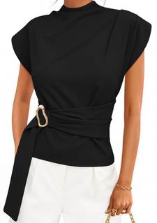 ZESICA Women's Summer Cap Sleeve Mock Neck Business Casual Tops | Elegant Classy Blouse, Dressy Tunic, Work Sh