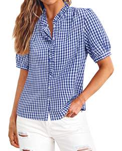siliteelon Women Plaid Shirt Gingham Short Sleeve Top Button Down Ruffle V Neck Dress Shirts Cotton Casual Wor