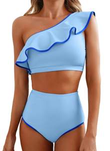 Herseas Women's One Shoulder Bikini Sets Ruffle Hem High Waisted Swimsuits | Removable pads,supportive,full co