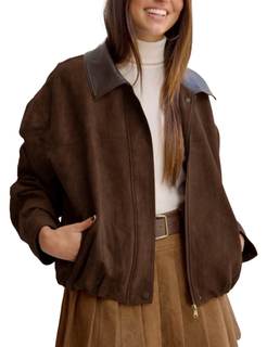 Womens Faux Suede Bomber Jacket Casual Lapel Pilot Cropped Jackets Oversized Motorcycle Zip Up Outerwear Coats