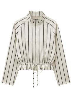 GUNEST Womens Zip Up Cropped Jackets Striped Casual Lightweight Jackets | Stand Collar Adjustable Drawstring S