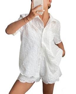 CHARTOU Eyelet Two Piece Short Sets for Women Button Down Shirt with Lace Embroidered Shorts Summer Outfit