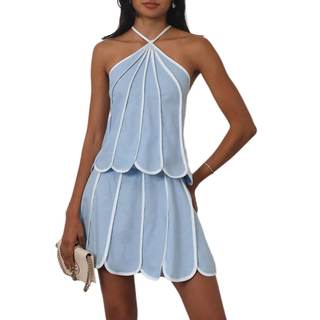 2 Piece Skirt Sets for Women Sleeveless Halter Neck Crop Top and Mini Skirt Set Casual Small Blue