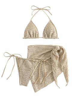 GORGLITTER Women's 3 Piece Swimsuits Halter Triangle String Bikini Set with Beach Skirt Swimwear Set Small Kha