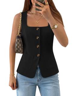 ZESICA Womens Business Casual Sleeveless Suit Vest Work Tops | 2026 Summer Tops,Square Neck Suit Vests,Classic