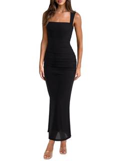REORIA Summer Wedding Guest Maxi Dresses for Women | Sleeveless,Square Neck,Sheer Mesh,Ruched,Slim,Bodycon,For