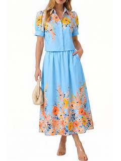 Tankaneo Womens 2 Piece Floral Cropped Tops Maxi Skirts Matching Sets | Short Puff Sleeve Button Down Blouse,E