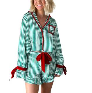 SOOKABEILA Women Christmas 2 Piece Pajamas Set Y2k Bow Tie Long Sleeve Shirt Wide Leg Pants Cute Print Matchin