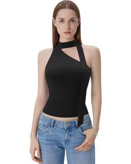 SUUKSESS Women Halter High Neck Tank Tops Off Shoulder Double Lined Going Out Shirts with Scarf Medium Black