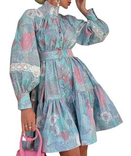 xxxiticat Women's Floral Print Ruffle Dress Long Lantern Sleeve High Neck Button Down Flared Lace Up Bandage M