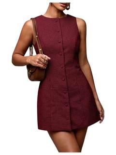SOLY HUX Women's Plaid Button Down Dress Crew Neck Sleeveless Tie Back Work Office Mini Dresses Large Burgundy