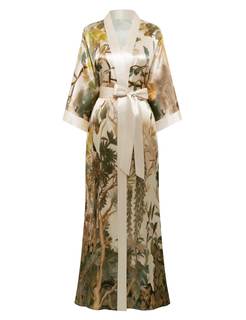 PRODESIGN Women's Satin Kimono Robe Long Floral Print Wedding Sleepwear | Silky Fabric, Dressing Gown, Silky B