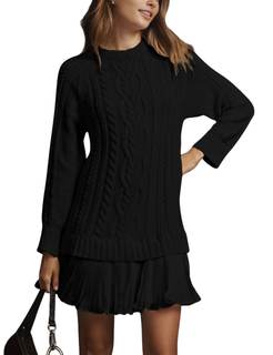 MINSURE Women Cable Knit Sweater Dress Crewneck Long Sleeve Pleated Mini Dress Twofer Style Patchwork Dress Bl