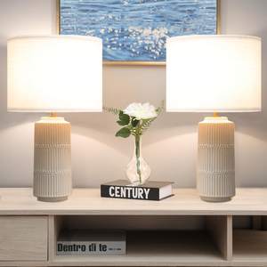 SOTTAE 23" Modern Ceramic Table Lamps with White Fabric Shade Set of 2, White Table Lamps for Bedroom, Living 