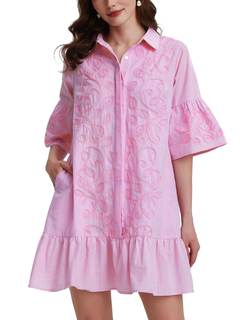 Kedera Women's Embroidered Dress Button Down Shirt Tunic Ruffle Sleeve Shift Mini Dresses with Pockets Pink Sm