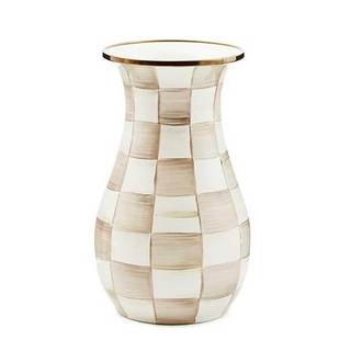 MACKENZIE-CHILDS Enamel Tall Vase, Brown-and-White Mocha Check | Hand-painted design, decorative flower vase, 