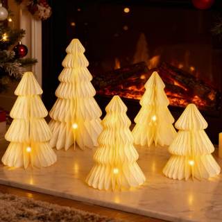 Christmas Table Decorations Indoor, 5 Pcs Large White Honeycomb Paper Christmas Trees, Vintage Light Up Table 