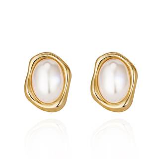 Vintage Pearl Earrings Chunky 14K Gold Plated Pearl Earrings for Women Oval Stud Non Tarnish Gold Oval