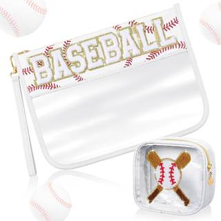 Hillban 2 Pcs Baseball Gifts Snack Bags Makeup Cosmetic Bag Clear Chenille Letter Zipper Pouch Toiletry Purse