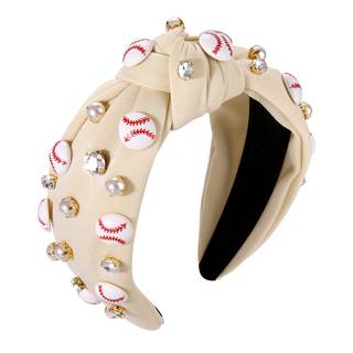 Baseball Headband for Women Crystal Pearl Knotted Headband Baseball Charms Rhinestone Beaded Embellished Headb