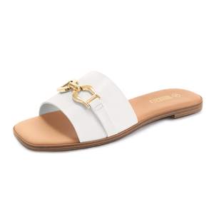 Rihero Women's Flat Sandals Square Toe Metal Buckle Summer Slide Sandals | Soft Faux Leather/Raffia/Fabric Upp