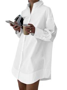 LYANER Women's V Neck Casual Shirt Dress | Collar Button Down Loose Long Sleeve Mini Dresses Medium White