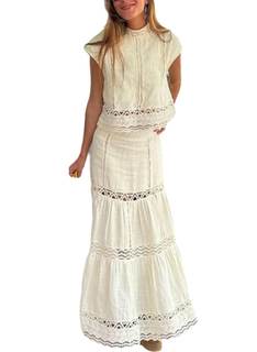 Wuitrie Summer Two Piece Sets for Women Round Neck Tops High Waist Fairy Maxi Skirt Hollow Vacation Outfits Sk