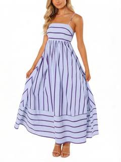 chouyatou Women's Striped Back Smocked Maxi Dress Sexy Spaghetti Strap Cut Out Flowy Swing Long Dress Small Pu