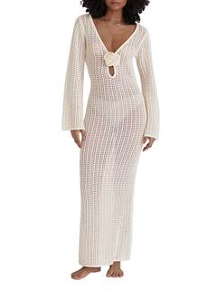 Leoparts Women's Knitted Swimsuit Cover Up 3D Floral Hollow Out Open Back Tie-Up Maxi Dress Beachwear Coverup 