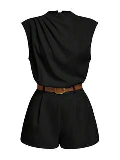 SOLY HUX Women's Summer Ruched Mock Neck Romper Elegant Cap Sleeve Belted Work Short Jumpsuits Medium Pure Bla