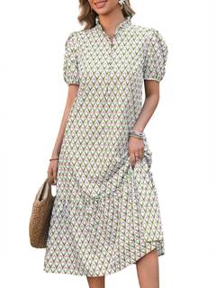 Wenrine Womens Summer Floral V Neck Puff Short Sleeve Button Maxi Dress | Casual,Flowy,Boho,Beach,Vacation,Mid