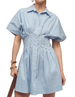 Women Summer Short Sleeve Button Front Pleated Shirt Dress Striped Collar V Neck Casual Y2k Swing Short Mini D