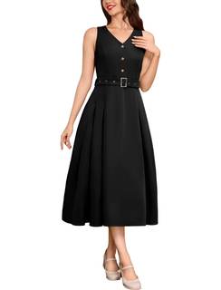 ODIZLI Women's 1950s Retro Style Summer Dress Sleeveless V Neck Pleated Dress with Belt Going Out Dresses Semi