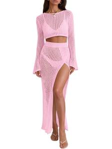 Saodimallsu Womens Crochet Beach Cover Ups Set 2 Piece 2026 Boat Neck Crop Long Sleeve Tops High Slit Maxi Ski