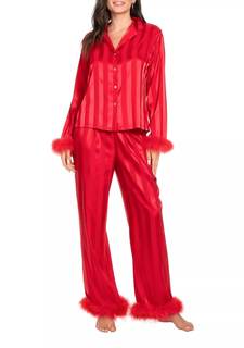 Women Christmas Satin Feather Pajamas Set Long Sleeve Shirts Pants Silk 2 Piece Pjs Sleepwear Loungewear Small