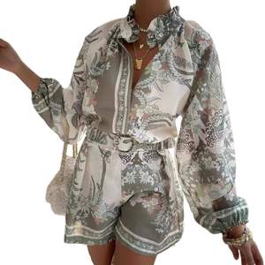 ksotutm Womens 2 Piece Outfits Boho Lantern Sleeve Button Down Floral Print Shirt Shorts Tracksuit Lounge Set 
