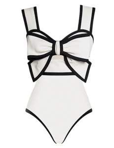 FLAXMAKER Black and White Swimsuit Bow-tie Decor One Piece Bathing Suit Medium White Swimsuit
