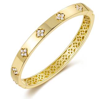 14K Gold Plated Moissanite Bangle Bracelets for Women | Four Leaf Clover Bracelet, D Color VVS1, 14K Gold Plat