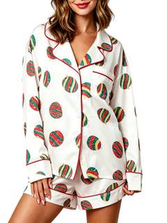 NUFIWI Women Christmas Pajamas Pjs Set Cute Santa Colorful Pj Long Sleeve Shirt Lounge Shorts 2 Piece Holiday 