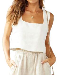 IDEALSANXUN Womens Linen Crop Tank Tops Cute Summer Sleeveless Cropped Cotton Linen Tops Medium White