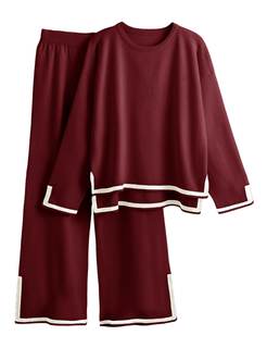 Tanming Women's 2 Piece Outfits Long Sleeve Knit Sweater Top Wide Leg Pants Lounge Sets Tracksuits Medium Wine