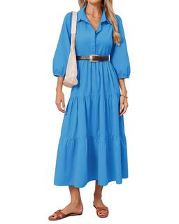 Women Button Down Maxi Shirt Dress Long Sleeve Flowy Tiered Collared Dresses with Pockets X-Small Blue