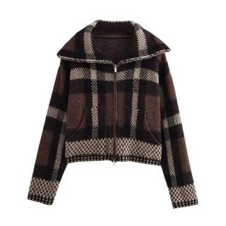 Chevara Women’s Checkered Cardigan Sweater Vintage Lapel Collar Long Sleeve Zip Up Knit Sweatshirt Jacket Brow