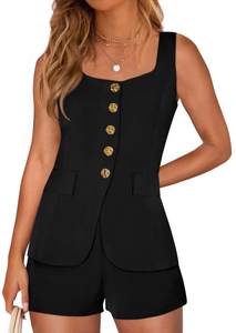PRETTYGARDEN Womens Button Down 2 Piece Matching Sets | Lightweight Square Neck Tank, Dressy Suit Vest Tops Sh