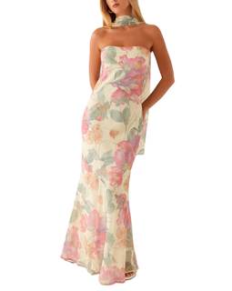 Women Strapless Floral Dress with Sarf Mesh Tube Maxi Dress Summer Cocktail Wedding Guest Pink Floral Medium