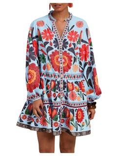 SOLY HUX Women's Floral Print Summer Short Dresses Boho Beach Long Sleeve Button Down Flowy Smock Dress X-Smal